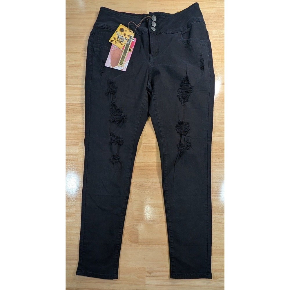Hybrid & Company Women Black Bum Lifter 3 Skinny Distressed Jeans Size 14 NWT